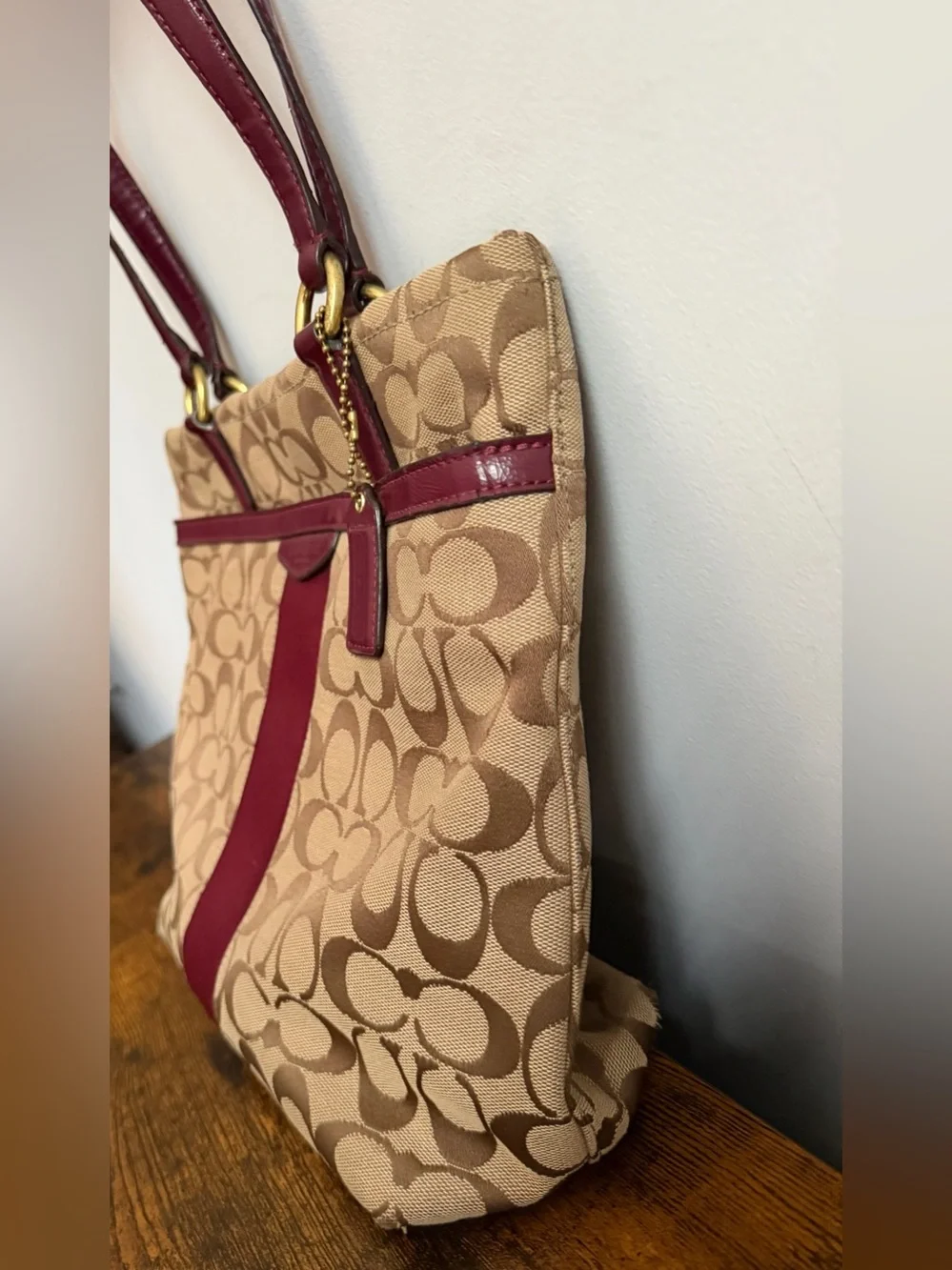 Coach F28504 Signature Stripe Tote Bag Khaki Burgundy Canvas Leather
